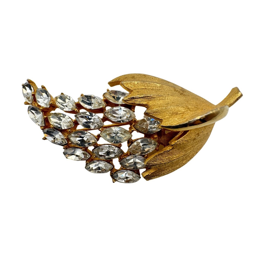 Vintage Rhinestone Brooch BSK Leaf Brushed Gold Tone Spring Leaves
